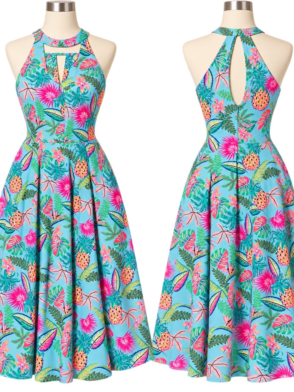 Reel Legends Aqua Tropical Halter Midi Dress with Pink & Green Accents